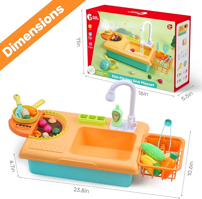 CUTE STONE Kids Pretend Play Sink with Running Water, Toddler Sink Toy with Upgraded Electric Faucet, Play Kitchen Accessories, Cooking Stove, Vegetable Garden Toys, STEM Learning Gift for Ages 3+