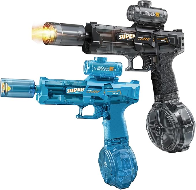 2Pcs Electric Water Gun for Adults Battery Powered Water Gun Electric for Kid with Muzzle Flash Rechargeable Spray Gun Toys Capacity Range Up to 32 FT Beach Toys for Summer Outdoor Pool - Blue Black