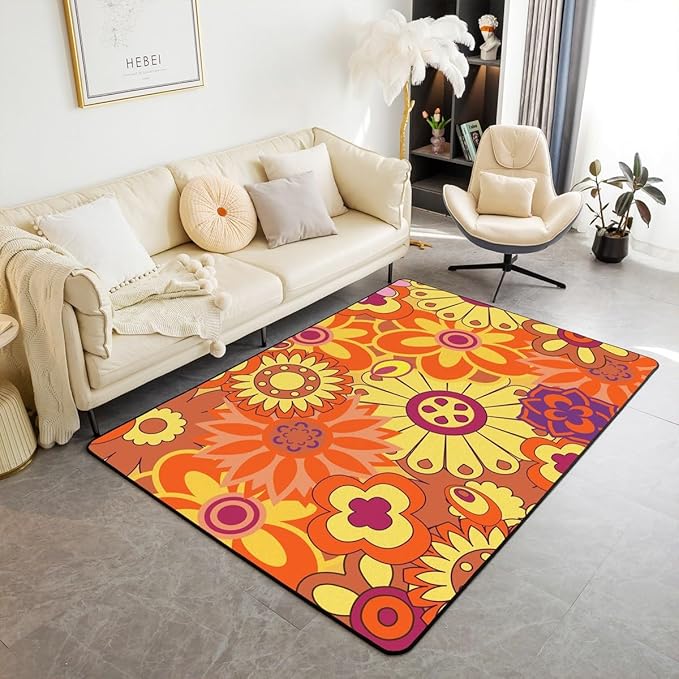 Erosebridal Hippie Boho Area Rug 3x5 70S Retro Groovy Flowers Power Carpet Aesthetic Vintage Floral Decorative Rug for Girls Colorful,Geometric Garden Flower Non Slip Rug for Bedside