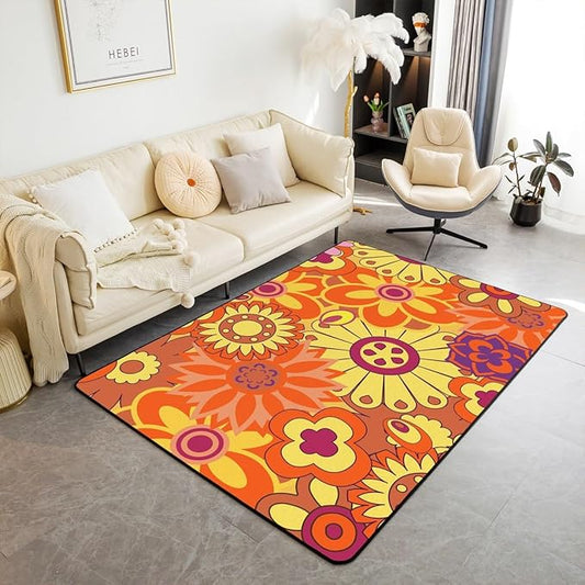 Erosebridal Hippie Boho Area Rug 3x5 70S Retro Groovy Flowers Power Carpet Aesthetic Vintage Floral Decorative Rug for Girls Colorful,Geometric Garden Flower Non Slip Rug for Bedside