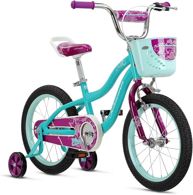 Schwinn Elm BMX Style Toddler and Kids Bike, For Girls and Boys, 16-Inch Wheels, With Saddle Handle, Training Wheels, Chain Guard, and Front Basket, Recommended Height 38-48 Inch, Teal