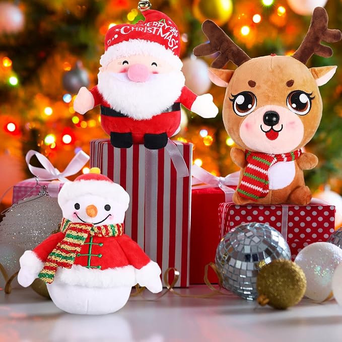 Threan 3 Pcs Christmas Plush Toy Doll Set Christmas Santa Stuffed Animal Toy Reindeer Cute Snowman Elk Claus Plush Gifts Xmas Party Favors Home Office Decor for Adults Boy Girl(Snowman, Santa, Elk)