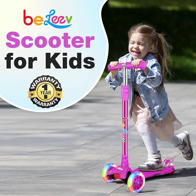 BELEEV A2 Scooters for Kids 3 Wheel Kick Scooter for Toddlers Girls Boys, 4 Adjustable Height, Lean to Steer, Light up Wheels, Extra-Wide Board, Easy to Assemble for Children Gift Sport Toys Ages 3-12