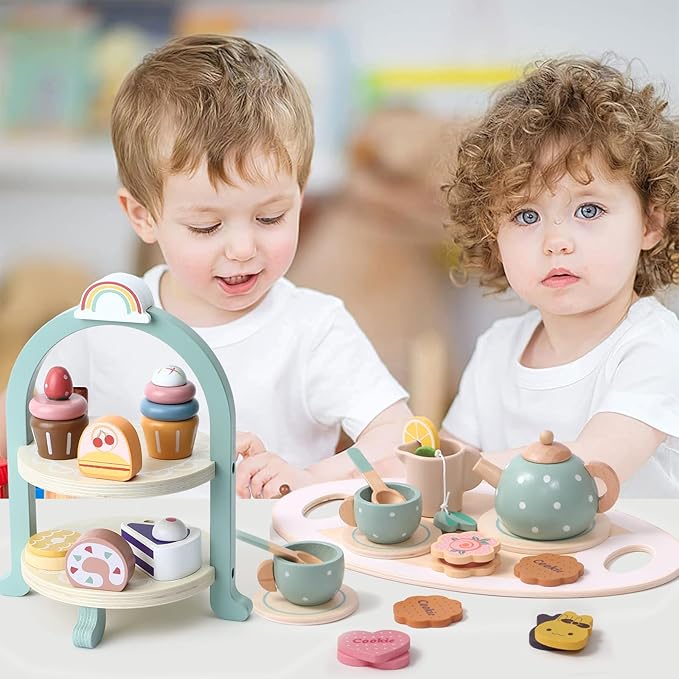 Atoylink Wooden Tea Party Set for Little Girls 28 Pcs Toddler Tea Set with Cupcake Stand & Food Pretend Play Accessories Kids Kitchen Playset Wooden Toys for 2 3 4 5 6 Year Old Girl Birthday Gift