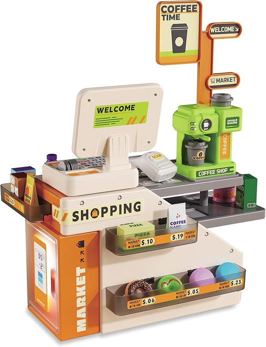 Educational Cash Register Toy for Kids Ages 3-5, Supermarket Playset with 18 Realistic Accessories, Light & Sound, Interactive Barcode Scanner - Pretend Play Grocery Store Toys for Toddlers