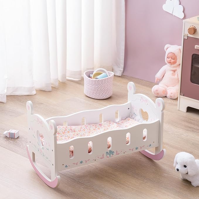ROBUD Wooden Baby Doll Crib, Baby Doll Bed Toys, for Dolls Up to 18 Inch, Doll Accessories - with Mattress, Pillow, Quilt, Gift for Boys & Girls, Ages 3+