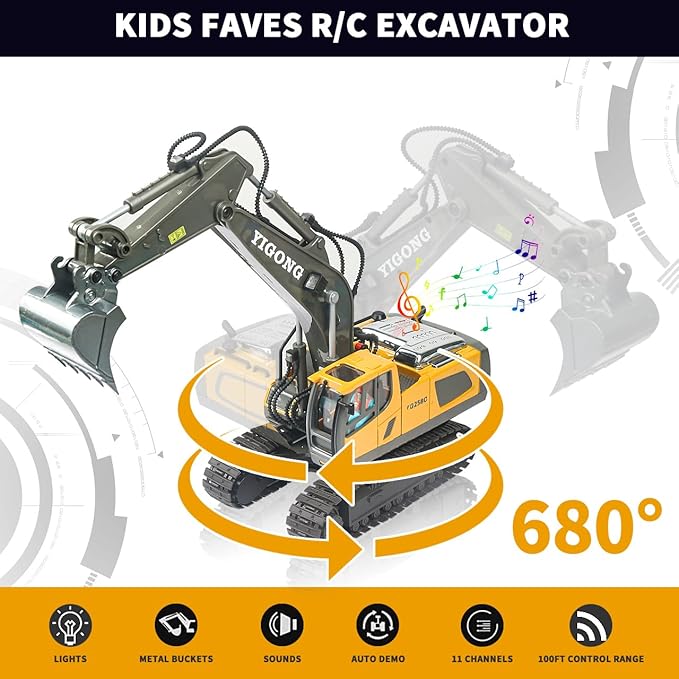 Remote Control Excavator Toy, Present for Boys 4 5 6 7 8 9 10 11 12 13 Year Old, RC Construction Toys with Metal Shovel, Lights, Sounds, 2.4Ghz, Turns 680 Degree - Christmas Birthday Gift