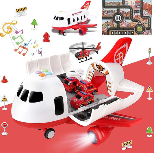 Dwi Dowellin Airplane Toys with Fire Truck Cars Toy Set and Play Mat,Plane with Light Up and Sounds,Birthday Gift for 3 4 5 6 Years Old Kids Boys Girls(Medium)