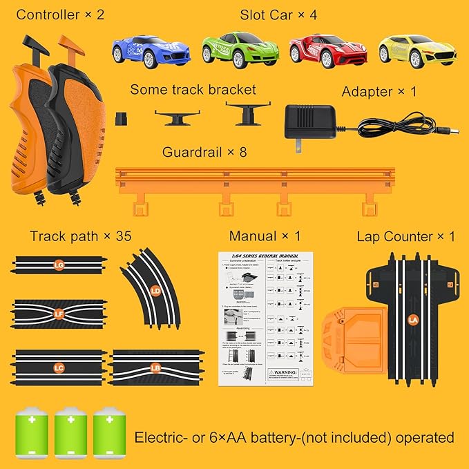 Slot-Car-Race-Track-Sets for Boys Kids, Battery or Electric Race Car Track with 4 High-Speed Slot Cars, Dual Racing Game 2 Hand Controllers Circular Overpass Track, Toys Gifts for 6-8 8-12 Boys Girls