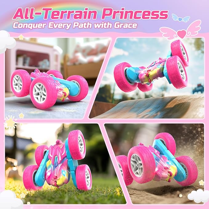 DEERC Rainbow Remote Control Car for Girls, Pink RC Cars Toy with LED Lights, 2.4 GHZ Double Sided RC Stunt Drift Car 360°Rotating, All Terrain RC Crawler Gift for Kids, 40+ Mins Running Time