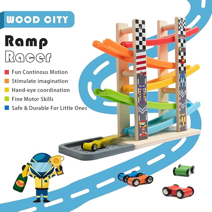 WOOD CITY Toddler Toys for 1 2 3 Years Old, Wooden Car Ramp Racer Toy Vehicle Set with 5/7 Mini Cars & Race Tracks, Montessori Toys Craft Gift for Toddlers Boys and Girls (ramp Racer-5 Layers)