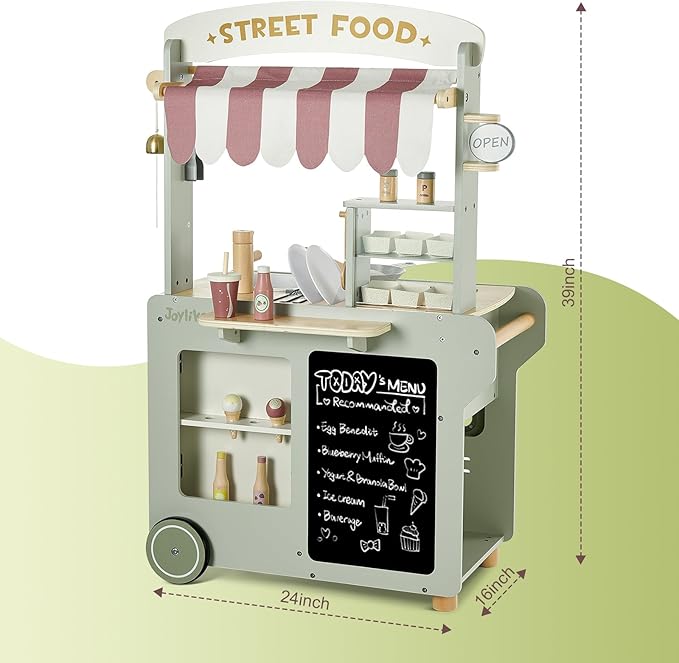 Wooden Food Cart, Kitchen Playset 50-Piece Toddler Pretend Play Grocery Store with Sink and Ice Maker, Kitchen Set for Kids Ages 3+, Gift for Boys and Girls