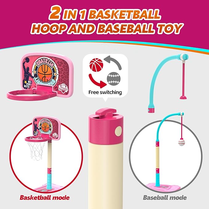 Kids Basketball Hoop and T-Ball Set for Kids 3-5, 3 Adjustable Toddler Basketball Hoop Indoor Outdoor Kids Toys Birthday Gift for Boys Girls