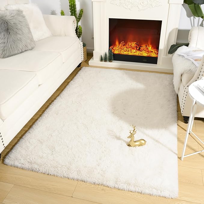 Amearea Premium Soft Fluffy Area Rug Modern Shag Carpet, 3x5 Feet, Fuzzy Shaggy Rugs for Bedroom Living Room Teen Apartment Decor, Comfortable Indoor Furry Dorm Carpets, Cream