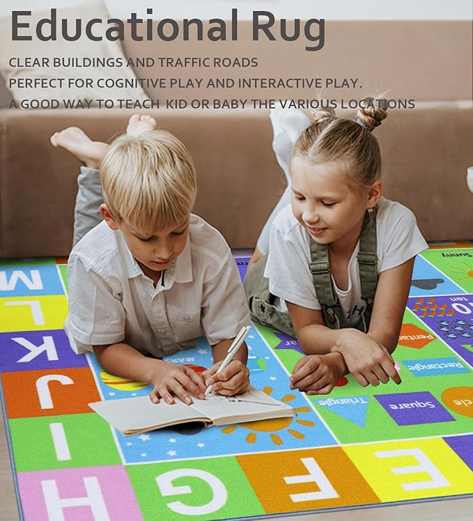 Kids Rug 6'6" x 5'0" City Life Playmat Area Rug Car City Map Washable Traffic Road Educational Learning Nursery Rug Carpet for Children Playroom Living Room Bedroom Classroom Decor Pink