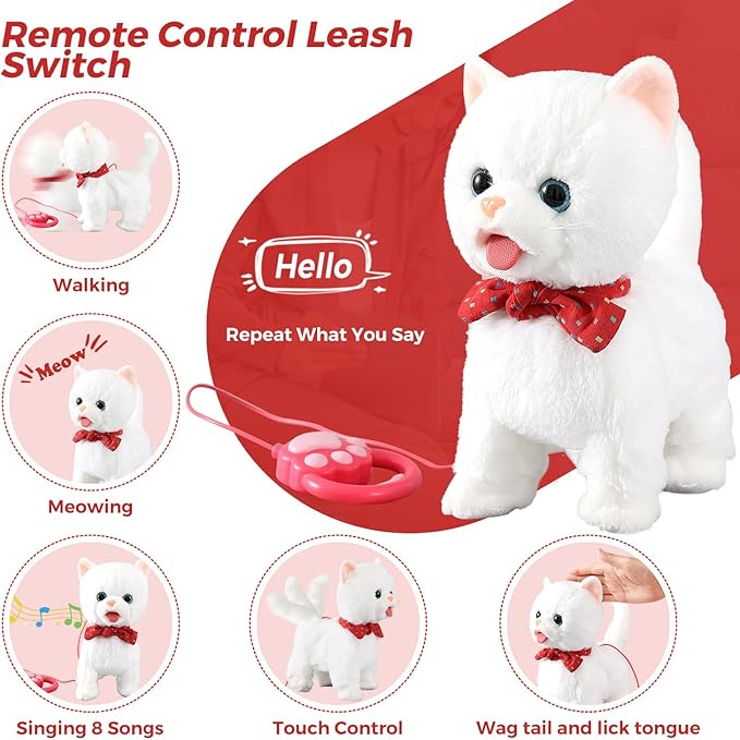 White Leash Walking Cat Set Toy Interactive Talking Cat Singing Dancing Kitten Mimicking Repeat What You Say Kitty Touch and Voice Control Nodding Wagging Tail Plush Electric Robot for Kid Girl