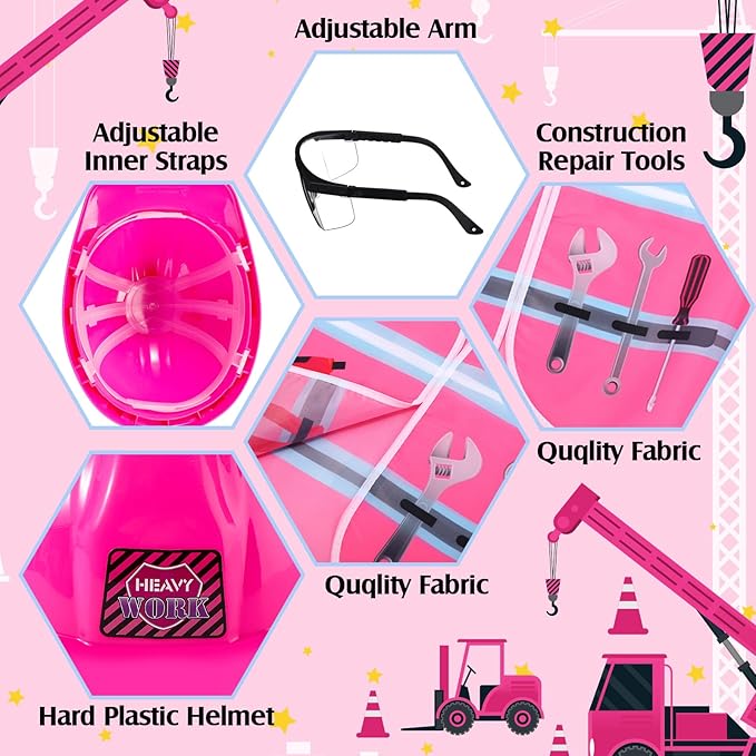 Handepo Construction Worker Costume Kids Hard Hat Construction Vest Goggles Toddler Dress Up Set Birthday Party Girls Boys(Pink, Black)