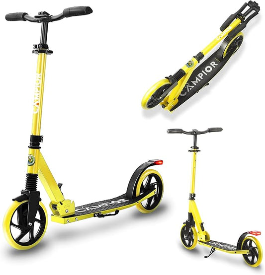 Kick Scooter for Ages 6+, for Kids, Teens, and Adults, Max Load 240 LBS, Foldable, 8-inch Big Wheels for Kids and Adults, with Kickstand, 3 Adjustable Levels, Child Safety Approved, Yellow