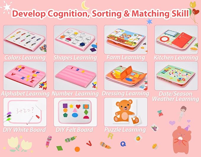 14 Pages Busy Board for Toddlers 2-4,Montessori Travel Toy for Plane/Car,Educational Sensory Toy for Toddlers 1-3,Preschool Activities Board for Developing Fine Motor Skills,Gift for Boys/Girls