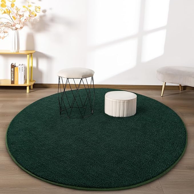 FlyDOIT Round Area Rugs for Bedroom Living Room, 5x5 Dark Green Super Soft Comfy Thickened Memory-Foam Indoor Circle Carpet, Modern Aesthetic Minimalist Carpet for Boys Girls Adults Nursery Home Décor