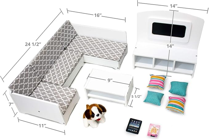 Playtime by Eimmie 18 Inch Doll Furniture Couch & Living Room Set – Wooden Playset with TV & Pet Accessories, Fits American, Generation, My Life & Similar 14”-18” Dolls