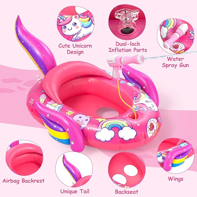 Unicorn Kids Pool Floats with Water Gun, Toddler Inflatable Pool Toys for Kids 3-8 Years Old, Summer Outdoor Water, Beach, Swimming Pool Toy Gifts for Girls and Kid