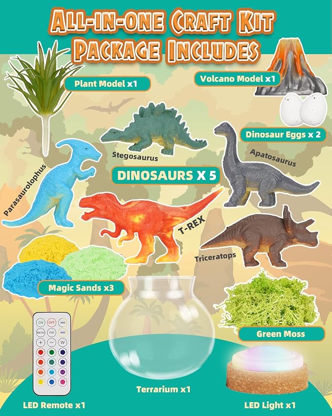 Light-Up Dinosaur Terrarium Kit for Kids, DIY Dino Toys Arts & Crafts Gift for Kid Boys Age 4 5 6 7 8-12 Years Old, LED Night Light with Remote, Birthday Easter Decoration Present