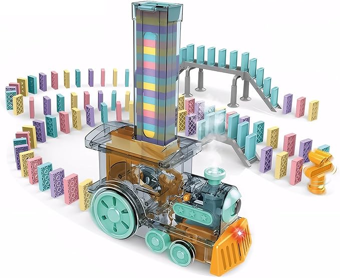 Domino Spray Train Toy Kids Games Upgrade 80Pcs with Arch Bridges Automatic Dominoes Building Set Rally STEM Montessori Stacking Toys for 3+ Year Old Toys Gifts for Birthday Christmas Halloween