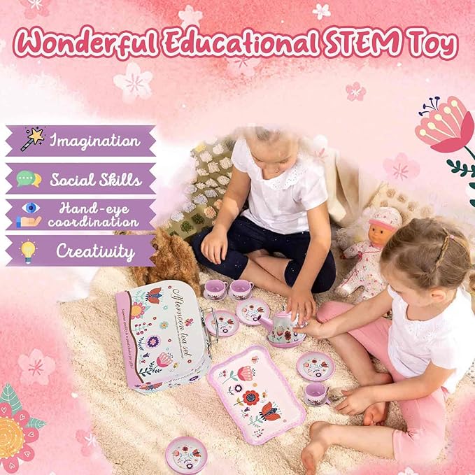 Pretend Play Tea Set for Little Girls, Gift for Age 3-8, Flower Themed, 19 PCS