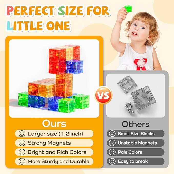56PCS Magnetic Blocks, Transparent Magnetic Cubes, Magnet Building Blocks for Toddlers 3+, Montessori Toys, Preschool STEM Educational Sensory Magnet Toys for Kids Ages 3-5 Year Old Boys and Girls