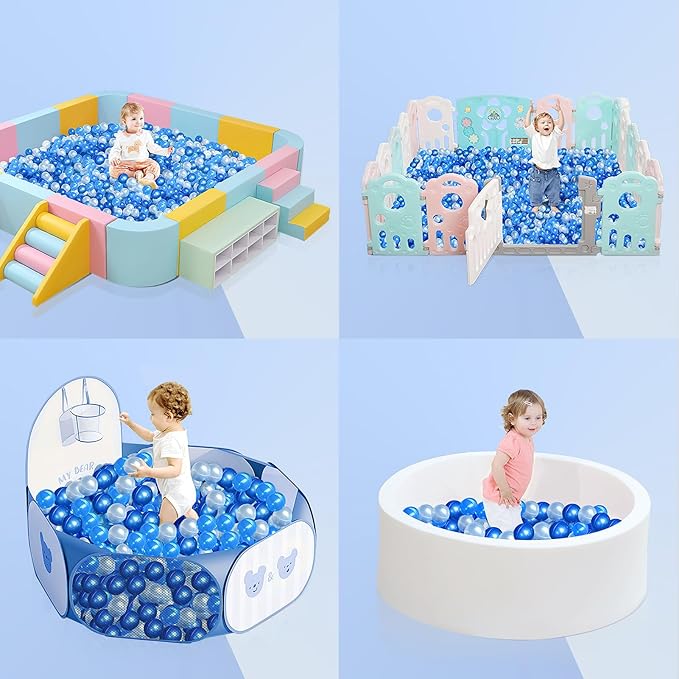 100 Ball Pit Balls for Toddlers, Phthalate & BPA Free Plastic Balls, Crush Proof 2.16" Colorful Balls for Ball Pit Play Toys for Kids with Storage Bag (Pearl Blue, Light Blue, White)