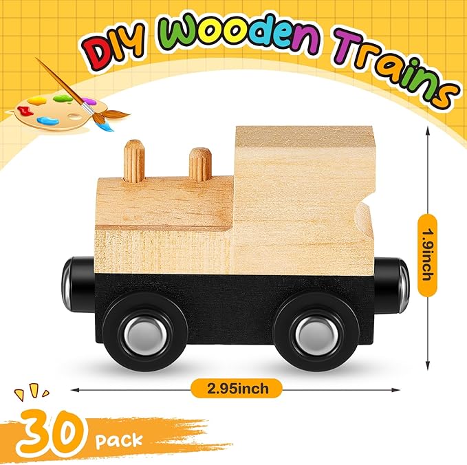 30 Pcs Unfinished DIY Wooden Trains Unpainted Train Cars Toys for Railway Paint Project, Birthday Party Theme Decorations Crafts Supplies(Classic)