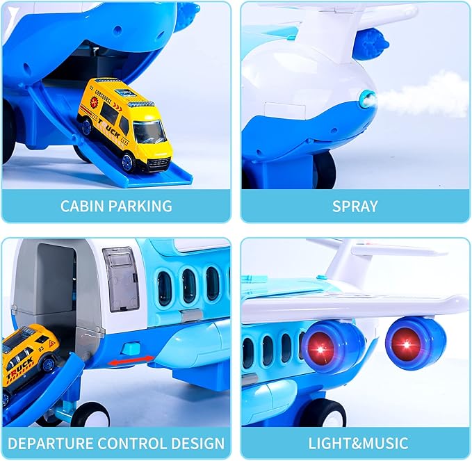 Bennol Spray Airplane Toys for Boys, Large Transport Cargo Airplane with 6 Construction Vehicle 10 Road Signs 1 Play Mat with Lights Sounds, Christmas Birthday Gifts for 3 4 5 6 7 8 Year Olds Boys