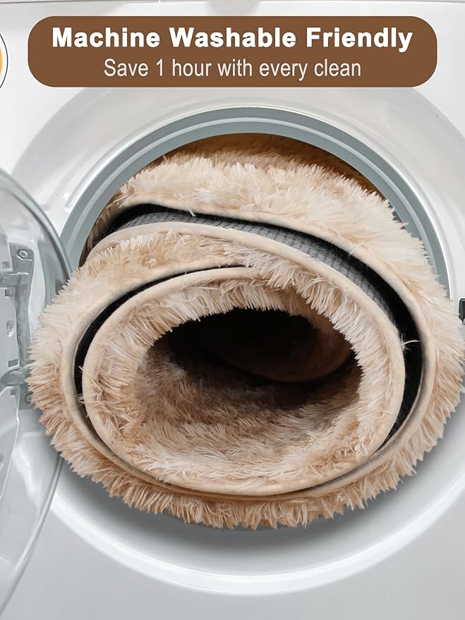 ONASAR Tie-Dye Beige Round Area Rug 4ft, Soft Bedroom Circle Rugs Floor Mats for Kids Girls Teen Room, Kawaii Fluffy Plush Shaggy Carpet for Baby Nursery Living Room Playroom Home Decor