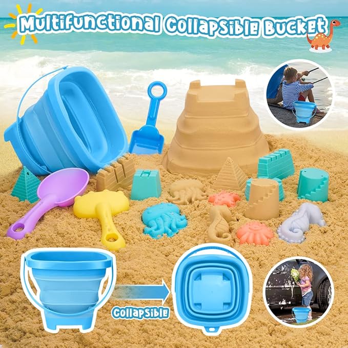 Beach Toys, 23Pcs Sand Toys, Sandbox Toys with Dump Truck, Collapsible Sand Bucket, Shovel Set, Sand Castle Kit, Animal Dinosaur Molds, Mesh Bag, Travel Toys for Kids Toddlers Boys Girls