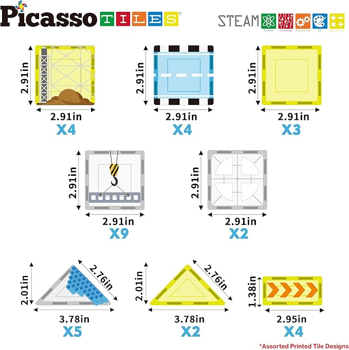 PicassoTiles Magnet Tiles Magnetic Building Blocks with 8 Construction Vehicles Crank Truck Excavator Bulldozer Road Roller Concrete Mixer Tractor Dump Truck Forklift Toys Learning Kids Ages 3+ PTQ11