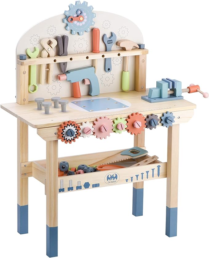 Tool Bench for Kids Toy Play Workbench Wooden Tool Bench Workshop Workbench with Tools Set Wooden Construction Bench Toy for 3 4 5 Year Boys Girls