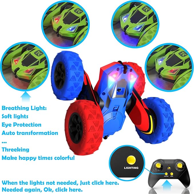 Threeking RC Stunt Car Remote Control Cars with Lights Double-Sided Driving Indoor Outdoor Toys Gifts Presents for 6 7 8 9 10 11 12 Year Old Kids Boys Girls