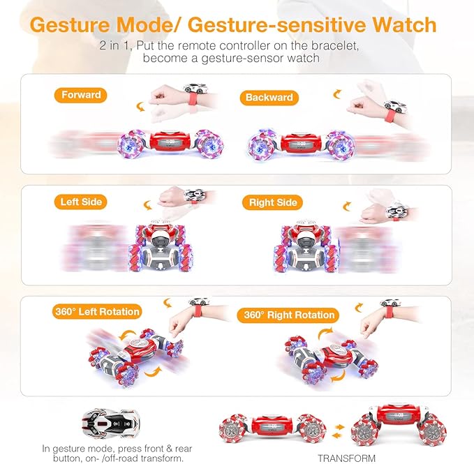 Powerextra 2024 New Remote Control Car, 1:12 Gesture Control Rc Stunt Car with Light & Music, 4WD Transform Off Road Double Side 360° Rotating Glove Racing Toy Car, 90+ Mins Play Car