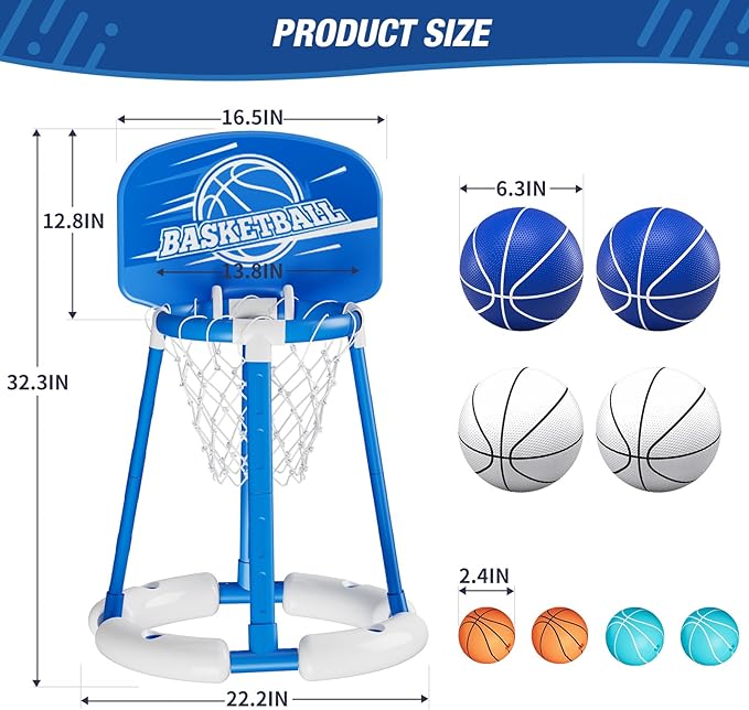 Pool Basketball Hoop Poolside with Backboard, Floating Pool Toys with 4 Basketballs/4 Water Balloons/Pump, Swimming Pool Games for Kids & Adults Indoor Outdoor Play, Blue