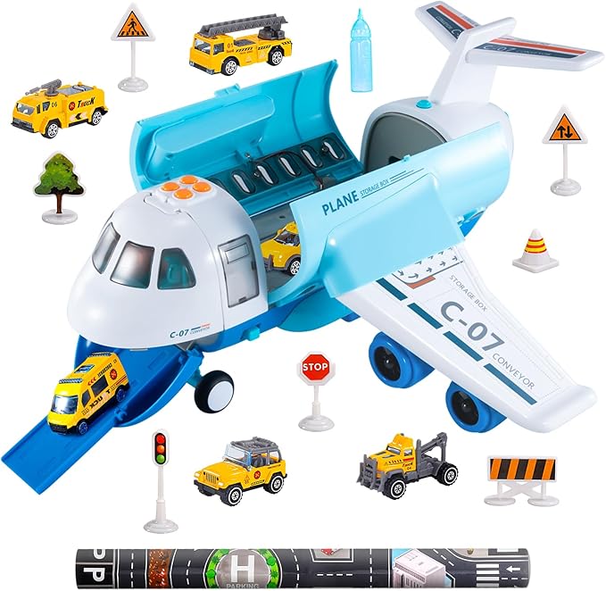 Bennol Spray Airplane Toys for Boys, Large Transport Cargo Airplane with 6 Construction Vehicle 10 Road Signs 1 Play Mat with Lights Sounds, Christmas Birthday Gifts for 3 4 5 6 7 8 Year Olds Boys