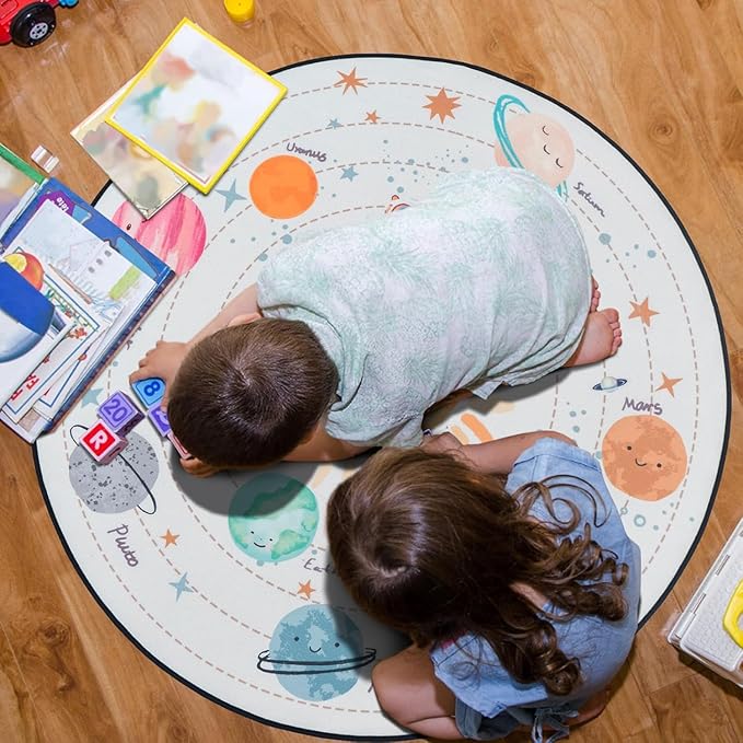 Solar System Planet Theme Carpets for Kids Bedrooms, 5ft Non-Slip Space Round Rugs for Baby,Circle Area Rug for Boys Girls Playroom,Educational Crawling Rug for Classroom