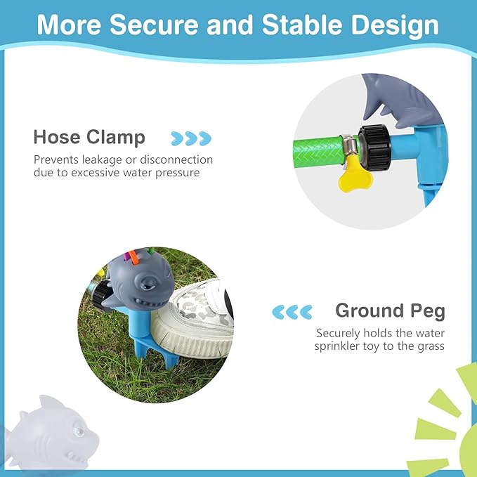 MoKo Water Sprinkler for Kids, Shark Toddler Outdoor Toys with 4 Wiggle Tubes and Hose Clamp, Outdoor Play Toys Spray Up to 8ft, Summer Water Toys Sprinklers for Yard Lawn Garden Pool, Gray
