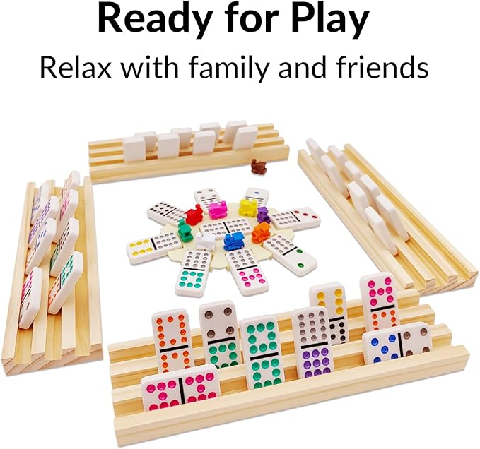 Mexican Train Dominoes Set with 4 Wooden Trays/Racks, Double 12 Dominos Travel Set with 4 Domino Tiles Holders, 91 Tiles Double 12 Colored Dominoes Game Set with Portable Case for Families Kids
