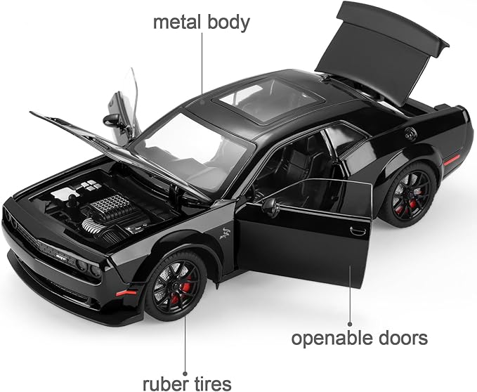 SASBSC Hellcat Toy Cars for Boys Age 3-12 1:24 Car Toys Diecast Metal Car Model with Light & Sound Collectable Muscle Super Cars for Kids (Black)