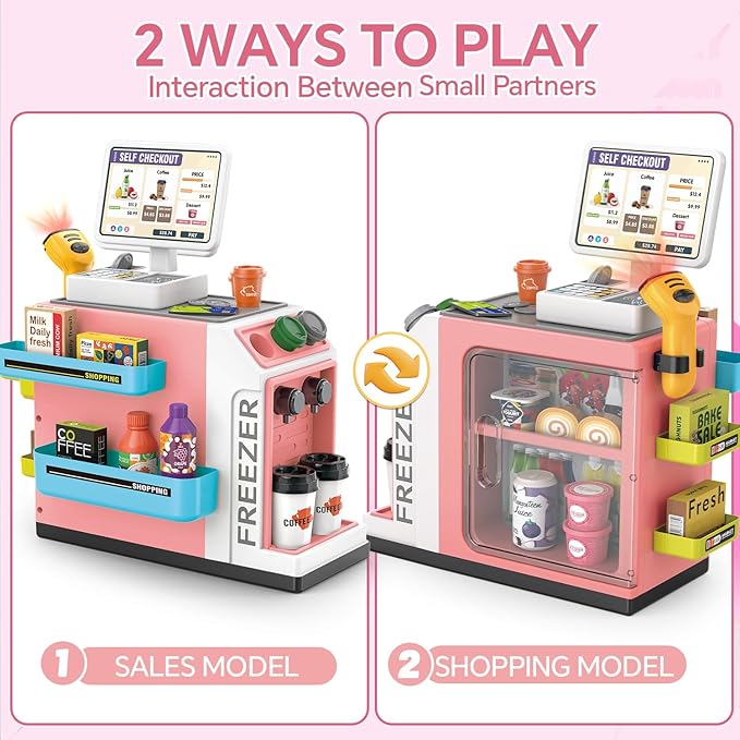 46PCS Cash Register Playset for Kids Pretend Play Coffee Machine with Water Outlet Function, Mini Supermarket Grocery Store with Money, Scanner,Play Foods, Gift for Boys and Girls (Pink)
