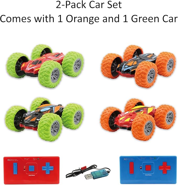 Haktoys 2-Pack Mini RC Stunt Cars – Double-Sided Rechargeable Remote Control Flip Vehicles, AWD Rotating & Tumbling Toy Cars for Kids Boys Girls, 2.4GHz for Dual Play
