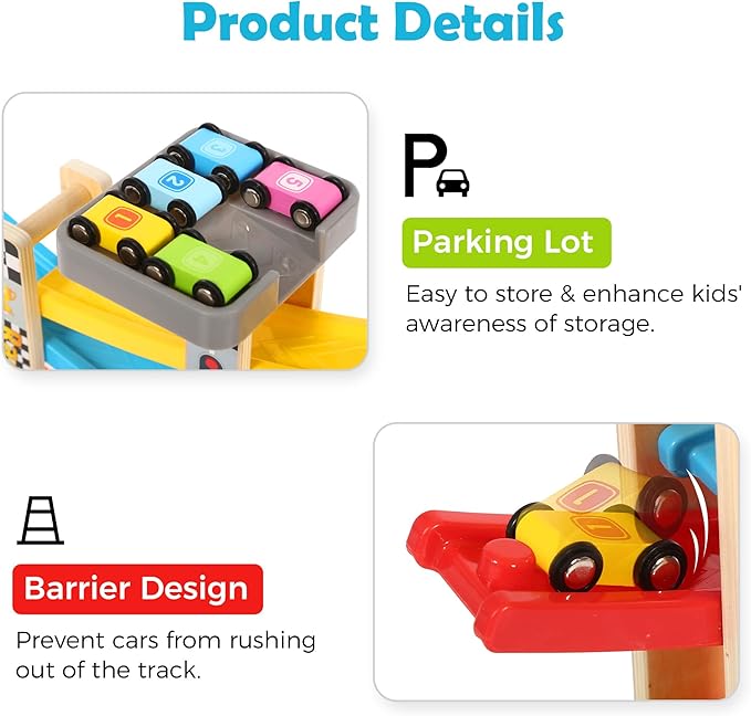 Montessori Toy for 1-3 Years Old Boys and Girls, Kid Race Track Car for Toddlers with 5 Mini Cars & 5 Ramps, Wooden Montessori Car Ramp Toy Set for Babies' Birthday Gifts, Visit Gifts