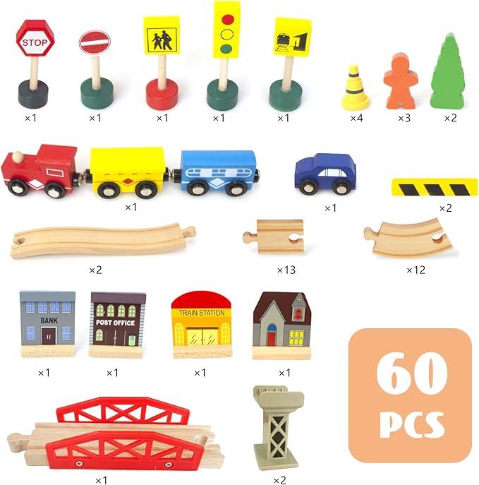 60Pcs Train Set for Toddlers, Bridge & Double-Side Wooden Train Set Tracks, Fits Brio, Thomas, Melissa and Doug, Kids Gift Toys for 3 4 5 Years Old Boys Girls