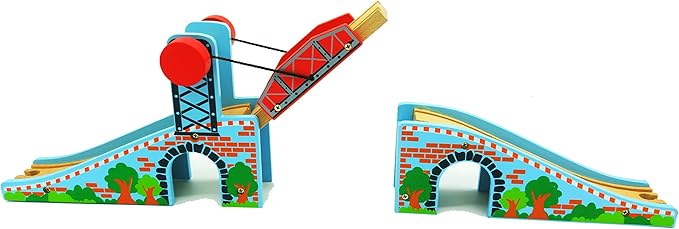 Battery Operated Locomotive Train with Lifting Bridge & Tunnel for Wooden Tracks, Train Set Compatible for Thomas, Brio, Chuggington